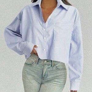 Striped Blue Button-Up Women's Top